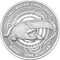 Australia coin 1 Dollar - Elizabeth II - Saltwater Crocodile - 4'th Portrait (2013) reverse reverse of 1 Dollar - Elizabeth II - Saltwater Crocodile - 4'th Portrait (2013) coin with KM# 2013 from Australia. Inscription: SALTWATER CROCODILE 1 OZ .999 Ag BINDI - ONE DOLLER