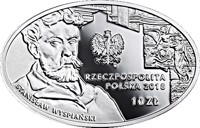obverse of 10 Złotych - 125th Anniversary of the Juliusz Słowacki Theatre in Cracow (2018) coin from Poland. Inscription: mw RZECZPOSPOLITA POLSKA 2018 10 ZŁ STANISŁAW WYSPIAŃSKI