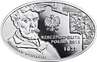 Poland coin 10 Złotych - 125th Anniversary of the Juliusz Słowacki Theatre in Cracow (2018) obverse obverse of 10 Złotych - 125th Anniversary of the Juliusz Słowacki Theatre in Cracow (2018) coin from Poland. Inscription: mw RZECZPOSPOLITA POLSKA 2018 10 ZŁ STANISŁAW WYSPIAŃSKI