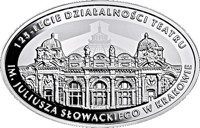 reverse of 10 Złotych - 125th Anniversary of the Juliusz Słowacki Theatre in Cracow (2018) coin from Poland. Inscription: 125 - LECIE DZIAŁALNOŚCI TEATRU IM. JULIUSZ SŁOWACKIEGO W KRAKOWIE