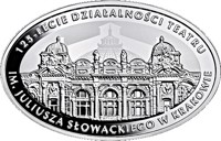 Poland coin 10 Złotych - 125th Anniversary of the Juliusz Słowacki Theatre in Cracow (2018) reverse reverse of 10 Złotych - 125th Anniversary of the Juliusz Słowacki Theatre in Cracow (2018) coin from Poland. Inscription: 125 - LECIE DZIAŁALNOŚCI TEATRU IM. JULIUSZ SŁOWACKIEGO W KRAKOWIE