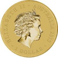 obverse of 1 Dollar - Elizabeth II - Wombat - 4'th Portrait (2013) coin with KM# 2059 from Australia. Inscription: ELIZABETH II · AUSTRALIA 2013 IRB · 1 DOLLAR ·