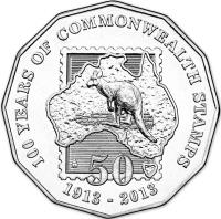 Australia coin 50 Cents - Elizabeth II - 100 Years of Commonwealth Stamps - 4'th Portrait (2013) reverse reverse of 50 Cents - Elizabeth II - 100 Years of Commonwealth Stamps - 4'th Portrait (2013) coin with KM# 1960 from Australia. Inscription: 50 100 YEARS OF COMMONWEALTH STAMPS 1913-2013