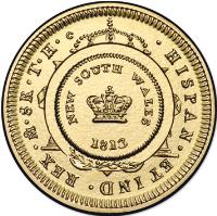 reverse of 1 Dollar - Elizabeth II - Bicentenary of the Holey Dollar and Dump - 4'th Portrait (2013) coin with KM# 2028 from Australia. Inscription: HISPAN.ET IND.REX.Mo.8R.T.H.c NEW SOUTH WALES 1813