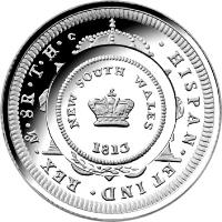 Australia coin 1 Dollar - Elizabeth II - Bicentenary of the Holey Dollar & Dump - 4'th Portrait (2013) reverse reverse of 1 Dollar - Elizabeth II - Bicentenary of the Holey Dollar & Dump - 4'th Portrait (2013) coin with KM# 1916 from Australia. Inscription: HISPAN*ET IND*REX*M*8R*T*H NEW SOUTH WALES 1813