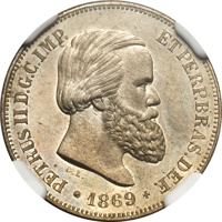 obverse of 10 Réis (1869) coin with KM# Pn133 from Brazil. Inscription: PETRUS II D.G.C.IMP. ET PERP.BRAS.DEF *1869*