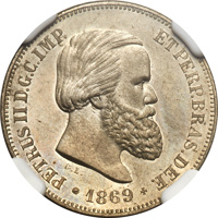 Brazil coin 10 Réis (1869) obverse obverse of 10 Réis (1869) coin with KM# Pn133 from Brazil. Inscription: PETRUS II D.G.C.IMP. ET PERP.BRAS.DEF *1869*