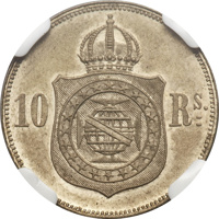 reverse of 10 Réis (1869) coin with KM# Pn133 from Brazil. Inscription: 10 Rs.