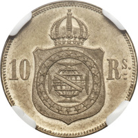 Brazil coin 10 Réis (1869) reverse reverse of 10 Réis (1869) coin with KM# Pn133 from Brazil. Inscription: 10 Rs.