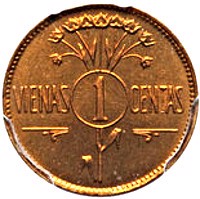 Lithuania coin 1 Centas (1925) reverse reverse of 1 Centas (1925) coin with KM# TS2 from Lithuania. Inscription: VIENAS 1 CENTAS