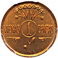 reverse of 1 Centas (1925) coin with KM# TS2 from Lithuania. Inscription: VIENAS 1 CENTAS