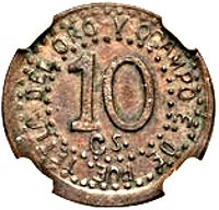 Mexico coin 10 Centavos (1915) reverse reverse of 10 Centavos (1915) coin with KM# TS1 from Mexico. Inscription: 10.C.S