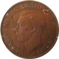 Australia coin 1 Penny - George VI - Without IND:IMP (1949 - 1952) obverse obverse of 1 Penny - George VI - Without IND:IMP (1949 - 1952) coin with KM# 43 from Australia. Inscription: GEORGIVS VI D:G:BR:OMN:REX FIDEI DEF. HP