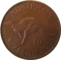 Australia coin 1 Penny - George VI - Without IND:IMP (1949 - 1952) reverse reverse of 1 Penny - George VI - Without IND:IMP (1949 - 1952) coin with KM# 43 from Australia. Inscription: AUSTRALIA KG 1952 PENNY