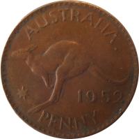 reverse of 1 Penny - George VI - Without IND:IMP (1949 - 1952) coin with KM# 43 from Australia. Inscription: AUSTRALIA KG 1952 PENNY