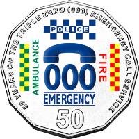 reverse of 50 Cents - Elizabeth II - 50 Years of Triple Zero - 4'th Portrait (2011) coin with KM# 1624 from Australia. Inscription: 50 YEARS OF THE TRIPLE ZERO (000) EMERGENCY CALL SERVICE 000 EMERGENCY AMBULANCE POLICE FIRE 50