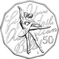 reverse of 50 Cents - Elizabeth II - 50th Anniversary of the Australian Ballet - 4'th Portrait (2012) coin with KM# 1854 from Australia. Inscription: Fifty years of the Australian ballet 50