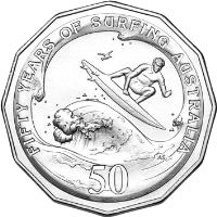 reverse of 50 Cents - Elizabeth II - 50th Anniversary of Surfing Australia - 4'th Portrait (2013) coin with KM# 1818 from Australia. Inscription: FIFTY YEARS OF SURFING AUSTRALIA 50