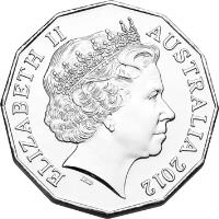 obverse of 50 Cents - Elizabeth II - Shores Under Siege - 4'th Portrait (2012) coin with KM# 1744 from Australia. Inscription: ELIZABETH II AUSTRALIA 2012