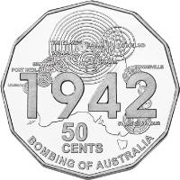 reverse of 50 Cents - Elizabeth II - Shores Under Siege - 4'th Portrait (2012) coin with KM# 1744 from Australia. Inscription: 1942 50 CENTS BOMBING OF AUSTRALIA