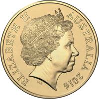 obverse of 1 Dollar - Elizabeth II - Centenary of A.N.Z.A.C. - 4'th Portrait (2014 - 2018) coin from Australia. Inscription: ELIZABETH II AUSTRALIA 2014