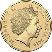 Australia coin 1 Dollar - Elizabeth II - Centenary of A.N.Z.A.C. - 4'th Portrait (2014 - 2018) obverse obverse of 1 Dollar - Elizabeth II - Centenary of A.N.Z.A.C. - 4'th Portrait (2014 - 2018) coin from Australia. Inscription: ELIZABETH II AUSTRALIA 2014