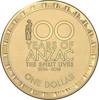 Australia coin 1 Dollar - Elizabeth II - Centenary of A.N.Z.A.C. - 4'th Portrait (2014 - 2018) reverse reverse of 1 Dollar - Elizabeth II - Centenary of A.N.Z.A.C. - 4'th Portrait (2014 - 2018) coin from Australia. Inscription: 100 YEARS OF ANZAC THE SPIRIT LIVES 2014 - 2018 ONE DOLLAR