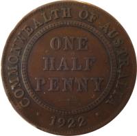 Australia coin 1/2 Penny - George V (1911 - 1936) reverse reverse of 1/2 Penny - George V (1911 - 1936) coin with KM# 22 from Australia. Inscription: COMMONWEALTH OF AUSTRALIA ONE HALF PENNY · 1922 ·