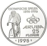 reverse of 25 Florin - Olympics - With logo (1995) coin with KM# 13 from Aruba. Inscription: OLYMPISCHE SPELEN 1896 · 1996 ARUBA 25 FLORIN 1995