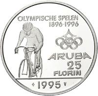 Aruba coin 25 Florin - Olympics - With logo (1995) reverse reverse of 25 Florin - Olympics - With logo (1995) coin with KM# 13 from Aruba. Inscription: OLYMPISCHE SPELEN 1896 · 1996 ARUBA 25 FLORIN 1995