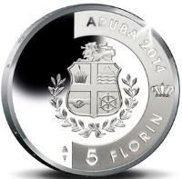 obverse of 5 Florin - Willem-Alexander - Carnival (2014) coin with KM# 61 from Aruba. Inscription: ARUBA 2014 5 FLORIN