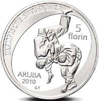 reverse of 5 Florin - Beatrix - 2012 Olympic Games (2012) coin with KM# 45 from Aruba. Inscription: OLYMPISCHE SPELEN 2012 5 FLORIN ARUBA 2010