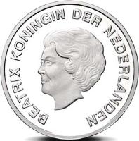 obverse of 5 Florin - Beatrix - Dande (2009) coin with KM# 43 from Aruba. Inscription: BEATRIX KONINGIN DER NEDERLANDEN