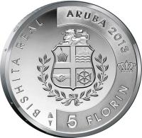 reverse of 5 Florin - Willem-Alexander - Royal visit (2013) coin with KM# 54 from Aruba. Inscription: BISHITA REAL ARUBA 2013 5 FLORIN