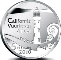 Aruba coin 5 Florin - Beatrix - Lighthouse California (2010) reverse reverse of 5 Florin - Beatrix - Lighthouse California (2010) coin with KM# 46 from Aruba. Inscription: California Vuurtoren Aruba 5 FLORIN 2010