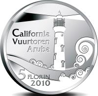 reverse of 5 Florin - Beatrix - Lighthouse California (2010) coin with KM# 46 from Aruba. Inscription: California Vuurtoren Aruba 5 FLORIN 2010