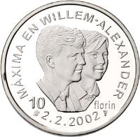 reverse of 10 Florin - Beatrix - Marriage (2002) coin with KM# 24 from Aruba. Inscription: MÁXIMA EN WILLEM-ALEXANDER 10 florin 2.2.2002