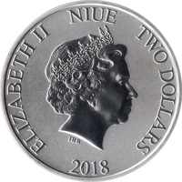 obverse of 2 Dollars - Elizabeth II - 90th anniversary of Mickey Mouse (2018) coin from Niue. Inscription: QUEEN ELIZABETH II NIUE TWO DOLLARS IRB 2018