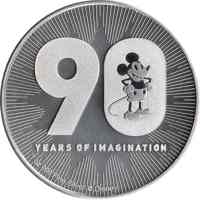 reverse of 2 Dollars - Elizabeth II - 90th anniversary of Mickey Mouse (2018) coin from Niue. Inscription: 90 years of imagination 1 oz .999 Silver © Disney