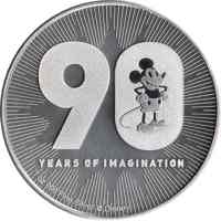 Niue coin 2 Dollars - Elizabeth II - 90th anniversary of Mickey Mouse (2018) reverse reverse of 2 Dollars - Elizabeth II - 90th anniversary of Mickey Mouse (2018) coin from Niue. Inscription: 90 years of imagination 1 oz .999 Silver © Disney