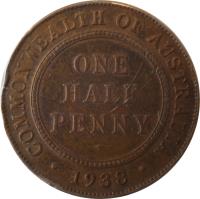 reverse of 1/2 Penny - George VI (1938 - 1939) coin with KM# 35 from Australia. Inscription: COMMONWEALTH OF AUSTRALIA ONE HALF PENNY · 1938 ·