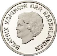 obverse of 5 Florin - Beatrix - Year of the Dolphin (2007) coin with KM# 41 from Aruba. Inscription: BEATRIX KONINGIN DER NEDERLANDEN