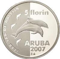 Aruba coin 5 Florin - Beatrix - Year of the Dolphin (2007) reverse reverse of 5 Florin - Beatrix - Year of the Dolphin (2007) coin with KM# 41 from Aruba. Inscription: 5 florin JAAR VAN DE DOLFIJN ARUBA 2007
