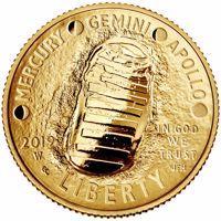 obverse of 5 Dollars - Apollo 11 50th Anniversary (2019) coin from United States. Inscription: MERCURY GEMINI APOLLO 2019 W IN GOD WE TRUST LIBERTY