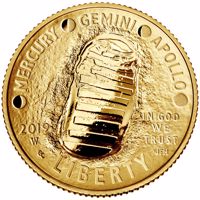 United States coin 5 Dollars - Apollo 11 50th Anniversary (2019) obverse obverse of 5 Dollars - Apollo 11 50th Anniversary (2019) coin from United States. Inscription: MERCURY GEMINI APOLLO 2019 W IN GOD WE TRUST LIBERTY