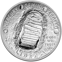 United States coin 1 Dollar - Apollo 11 50th Anniversary (2019) obverse obverse of 1 Dollar - Apollo 11 50th Anniversary (2019) coin from United States. Inscription: MERCURY GEMINI APOLLO 2019 P IN GOD WE TRUST LIBERTY