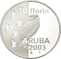 reverse of 10 Florin - Beatrix - Owl (2003) coin with KM# 29 from Aruba. Inscription: 10 florin ARUBA 2003