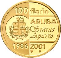 Aruba coin 100 Florin - Beatrix - Status Aparte (2001) reverse reverse of 100 Florin - Beatrix - Status Aparte (2001) coin with KM# 23 from Aruba. Inscription: 100 florin ARUBA Status Aparte 1986 2001