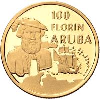 obverse of 100 Florin - Beatrix - Discovery of Aruba (1999) coin with KM# 19 from Aruba. Inscription: 100 FLORIN ARUBA