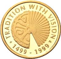 Aruba coin 100 Florin - Beatrix - Discovery of Aruba (1999) reverse reverse of 100 Florin - Beatrix - Discovery of Aruba (1999) coin with KM# 19 from Aruba. Inscription: TRADITION WITH VISION 1499 - 1999